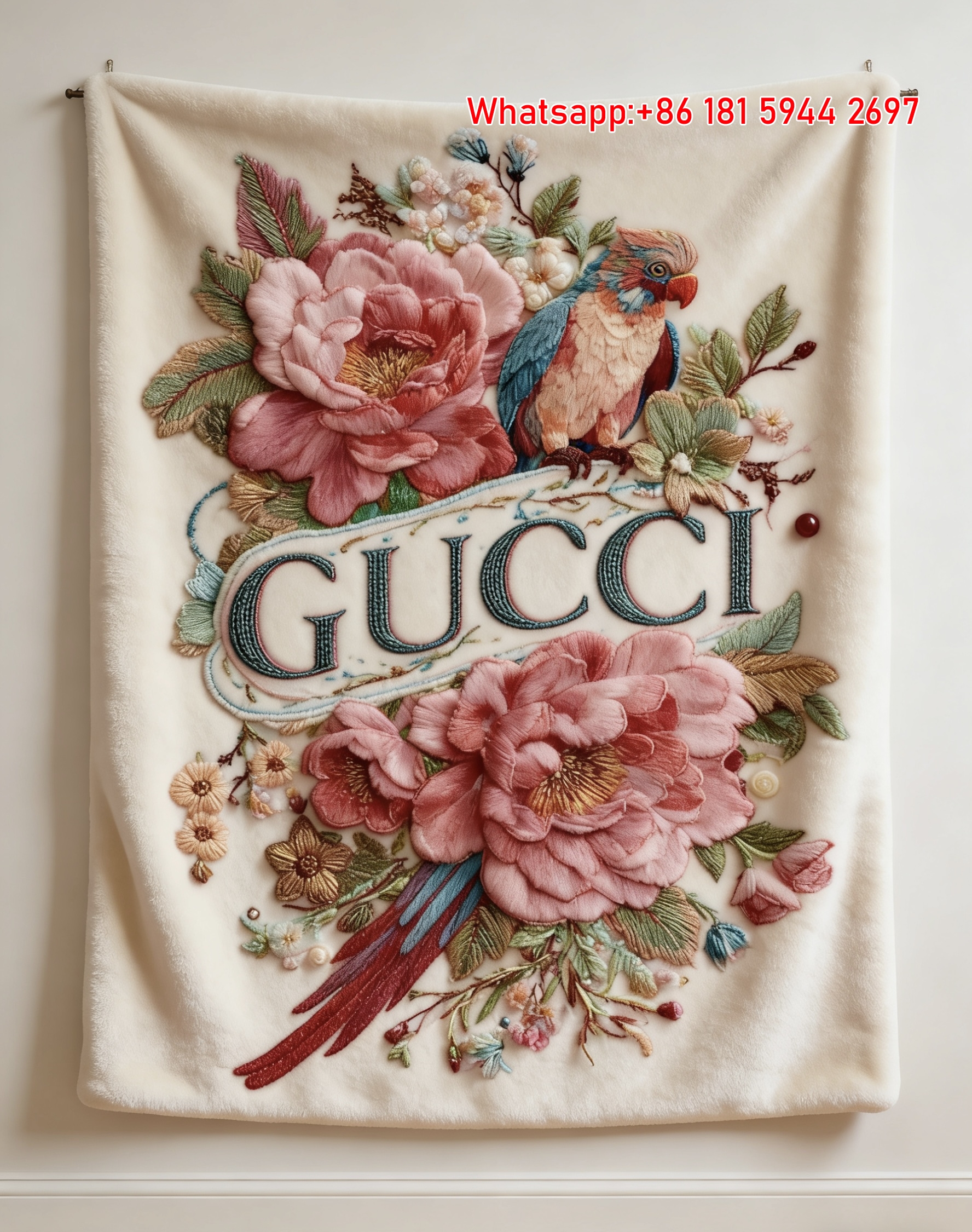 Gucci Embroidered Parrot throw Blanket Vintage Stitched Floral Art IMG_2775
